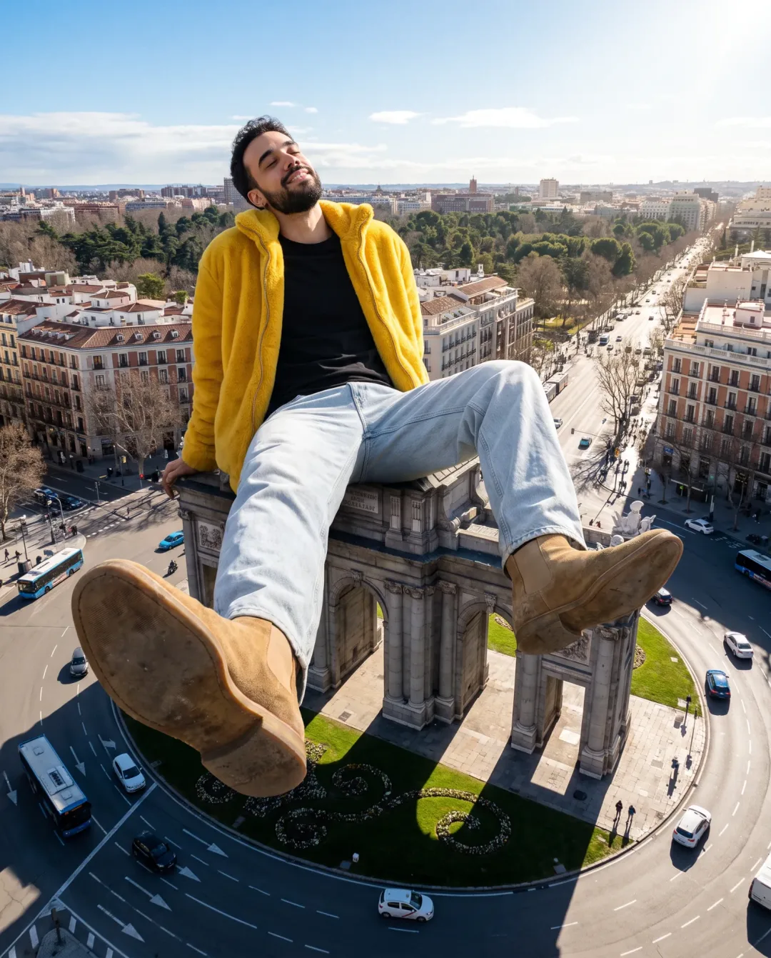 Resultado del prompt 3: gigante tumbado sobre la Puerta de Alcalá